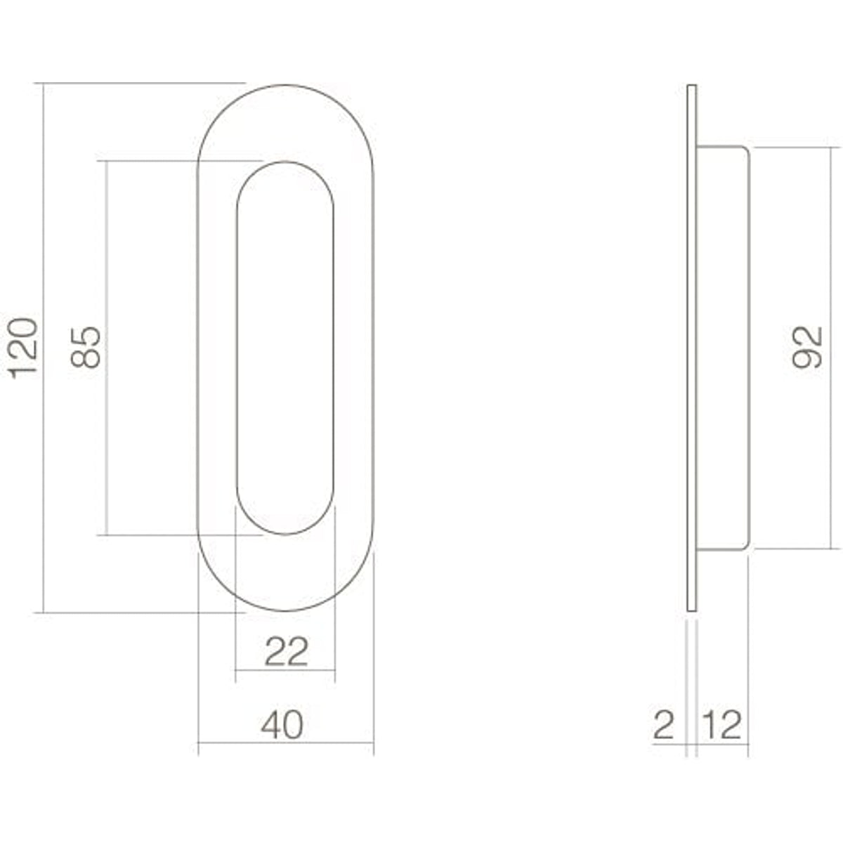 Schuifdeurkom ovaal 120x40mm blind mat zwart