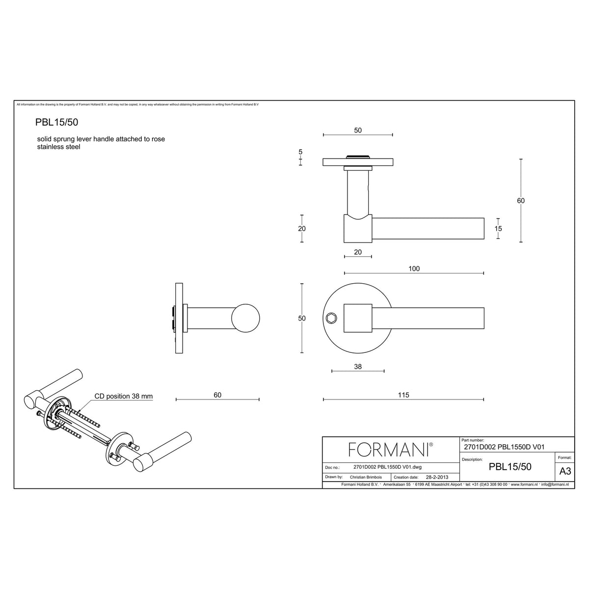 Deurkruk PBL15/50 mat RVS